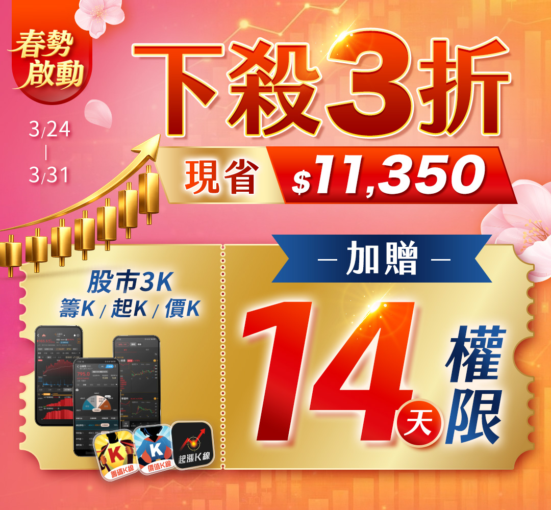 【春勢啟動🌸】股市三K組合包 下殺3折現省$11,350🉐「加贈14天權限」！