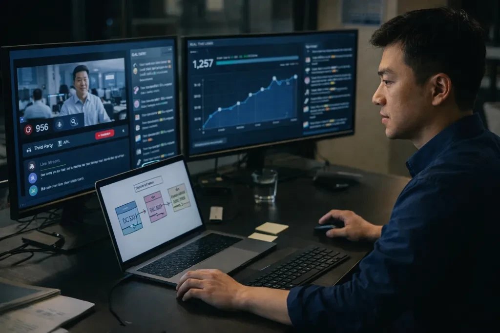 CMoney 同事在雙螢幕前一邊看直播畫面、一邊追即時數據