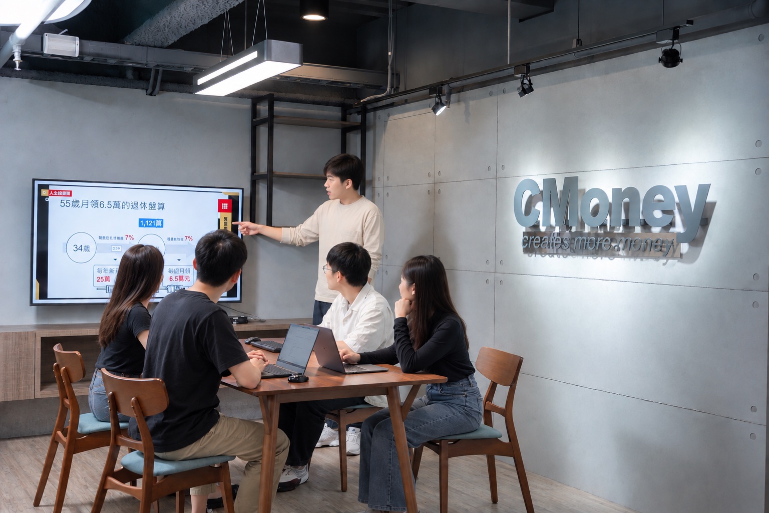 CMoney 辦公室中，同事圍著桌子討論，牆面上是 CMoney 立體字標誌